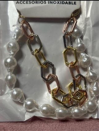Pulsera eslabones perlas dorada plateada acero