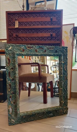 Espejo Antiguo Madera Dorado y Turquesa