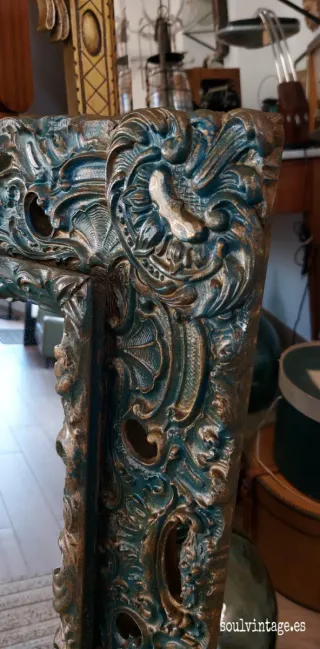 Espejo Antiguo Madera Dorado y Turquesa
