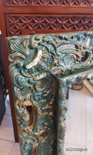 Espejo Antiguo Madera Dorado y Turquesa