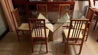 Mesa de comedor mármol travertino y cristal