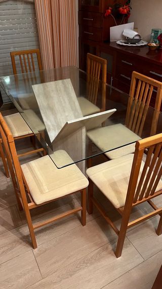 Mesa de comedor mármol travertino y cristal