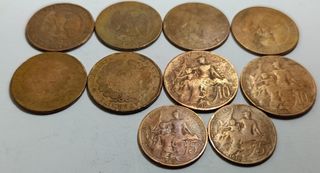 Lote 10 monedas cobre Francia 5 y 10 cent.