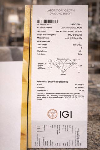 Diamante 1,03 ct D VS1 IGI – Corte Ideal