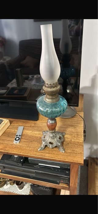 Lámpara de Aceite Antigua Vidrio Azul