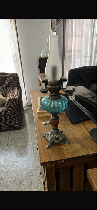 Lámpara de Aceite Antigua Vidrio Azul