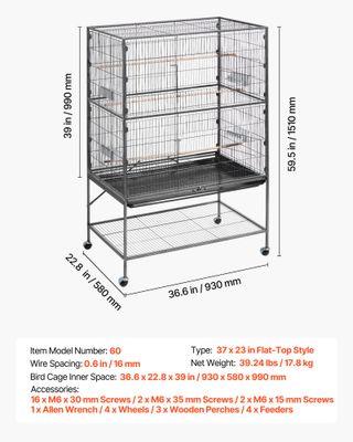 Gabbia Voliera per Uccelli da 930 x 580 x 1510 mm