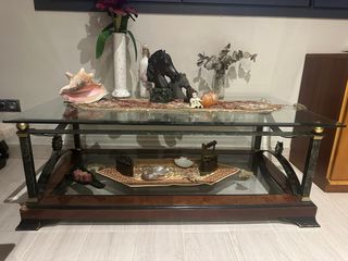 Mesa centro madera metal verde dorado cristal