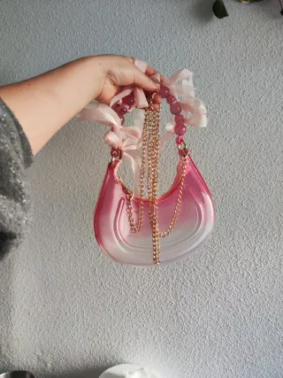 Bolso Hombro Transparente Rosa Perlas
