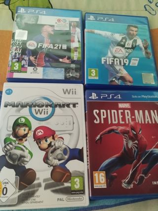 Lote 4 juegos PS4/Wii: FIFAS, Spider-Man, Mario