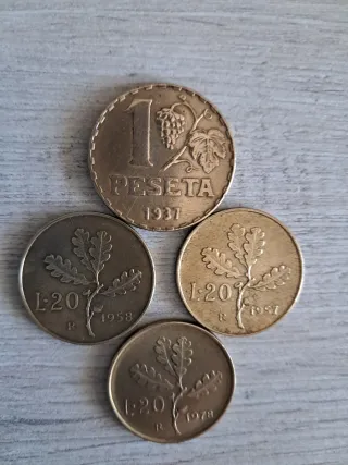 Lote 1 Peseta 1937 y 20 liras 1958-1957-1978