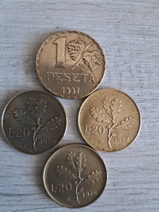 Lote 1 Peseta 1937 y 20 liras 1958-1957-1978