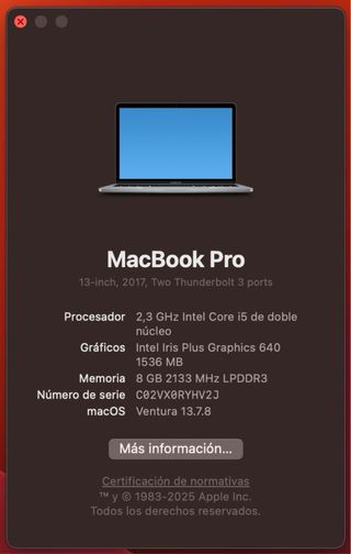MacBook Pro 13” 2017 i5 · 8GB · 128GB · 278 ciclos