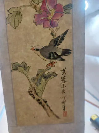 Pintura china seda ave y flores firmada 1900