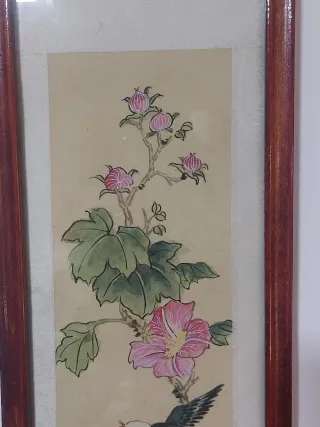 Pintura china seda ave y flores firmada 1900