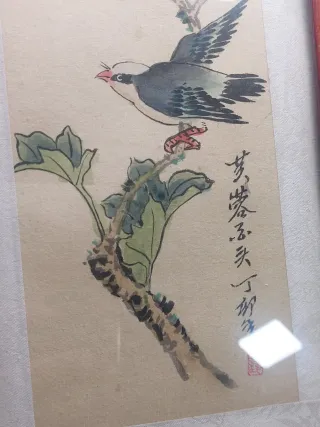 Pintura china seda ave y flores firmada 1900