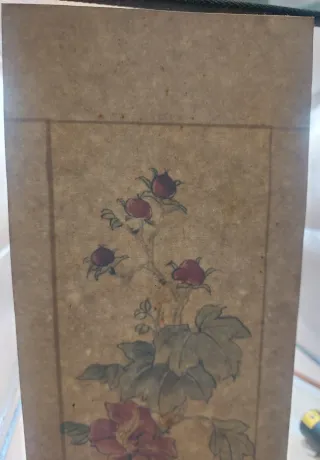 Pintura china seda ave y flores firmada 1900