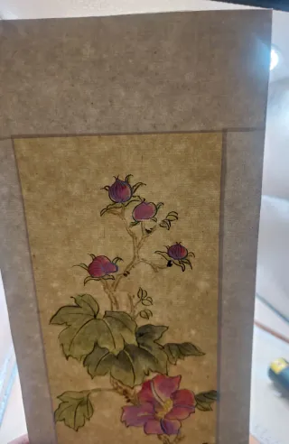 Pintura china seda ave y flores firmada 1900