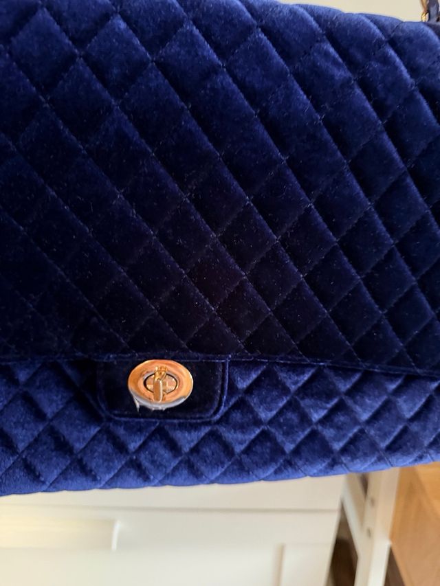 Bolso vintage veludo azul escuro e dourado