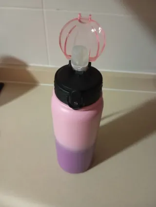 Botella de agua metálica morada y plateadas y rosa