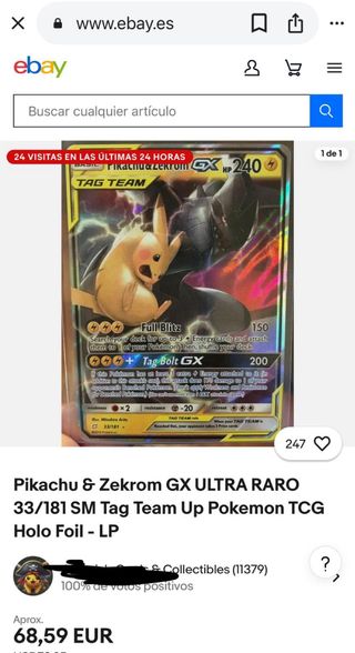 Pikachu y Zekrom GX Tag Team Carta Pokémon
