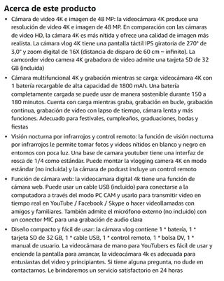 Cámara de vídeo 4K 48MP Videocámara 16X