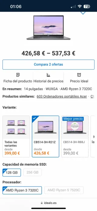 Portátil Acer Chromebook Plus 514 Ryzen 3 14 WUXGA