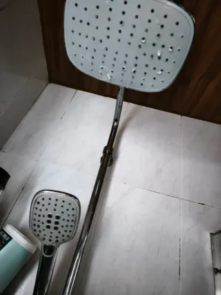 Columna de ducha plateada y blanca Y espejo de bañ