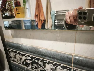 Columna de ducha plateada y blanca Y espejo de bañ