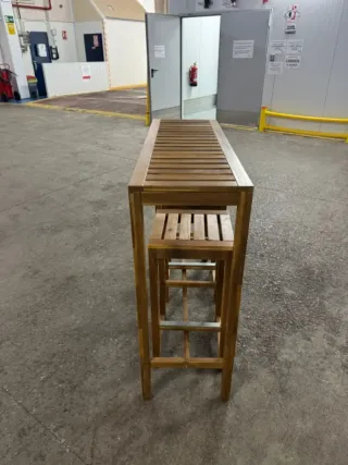 Mesa alta madera Teca y 2 taburetes