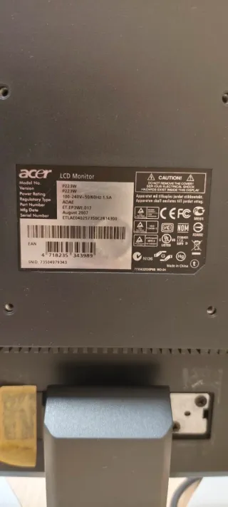 Monitor Acer P223W Negro/Plata