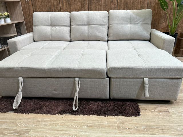 Sofá Cama Chaise Longue con Arcón Beige