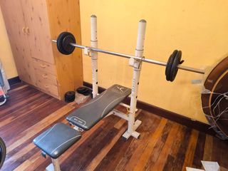 Banco de pesas con barra y discos+mancuernas+topes