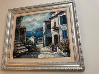 Cuadro al óleo paisaje marino con pueblo marinero