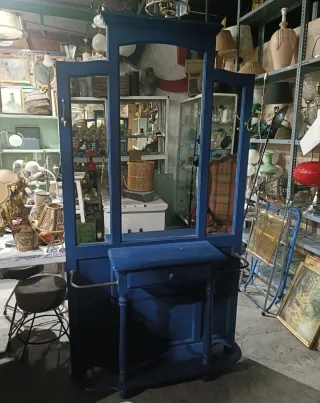 Mueble recibidor entrada azul madera y cristal