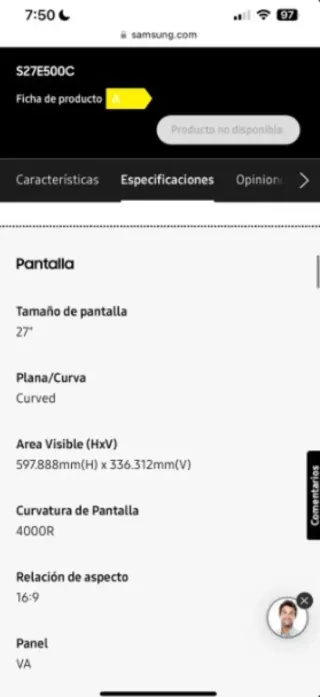 Monitor Samsung 27 S27E500C Curvo