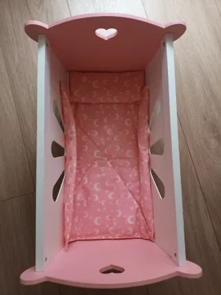 Cuna de juguete madera rosa y blanca