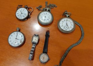 Lote 6 relojes antiguos de bolsillo y pulsera