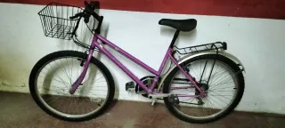 Bicicleta morada con cesta y portabultos