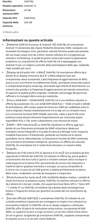 Smartphone Oukitel C6 5G 256GB Nero