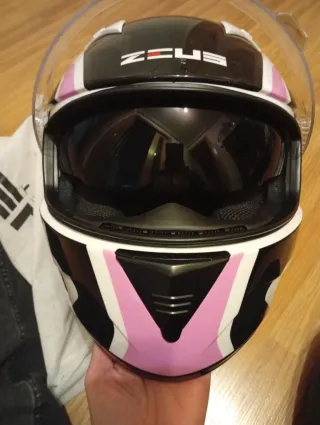 Casco de moto Zeus negro, blanco y rosa
