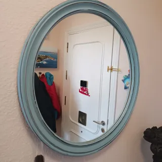 Mueble recibidor azul y marrón con mármol de 130