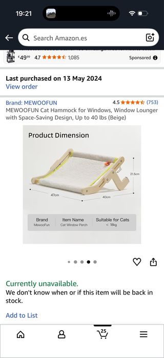 Cama para gato de ventana beige. Marca Meowfun.