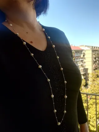 Collana lunga in acciaio perle di fiume ed ematite