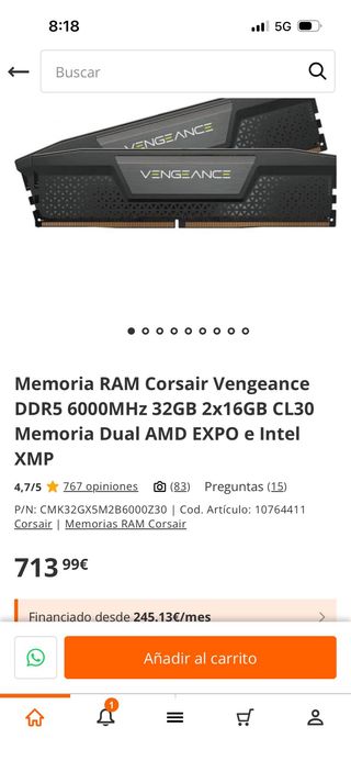 Memoria RAM Corsair Vengeance DDR5 32GB