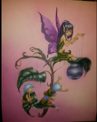 Cuadro duendes/hada. Pintado con aerógrafo.