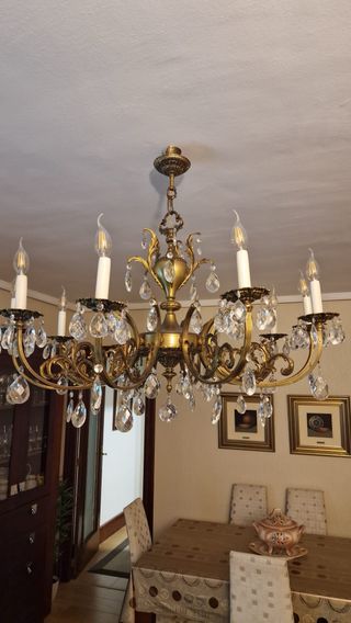 Lámpara de bronce 10 brazos cristal