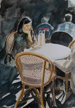 Acuarela Tomando café