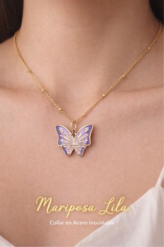 Collar Mariposa Lila Acero Inoxidable