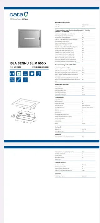 Campana de techo para isla Cata Bennu slim 900 X